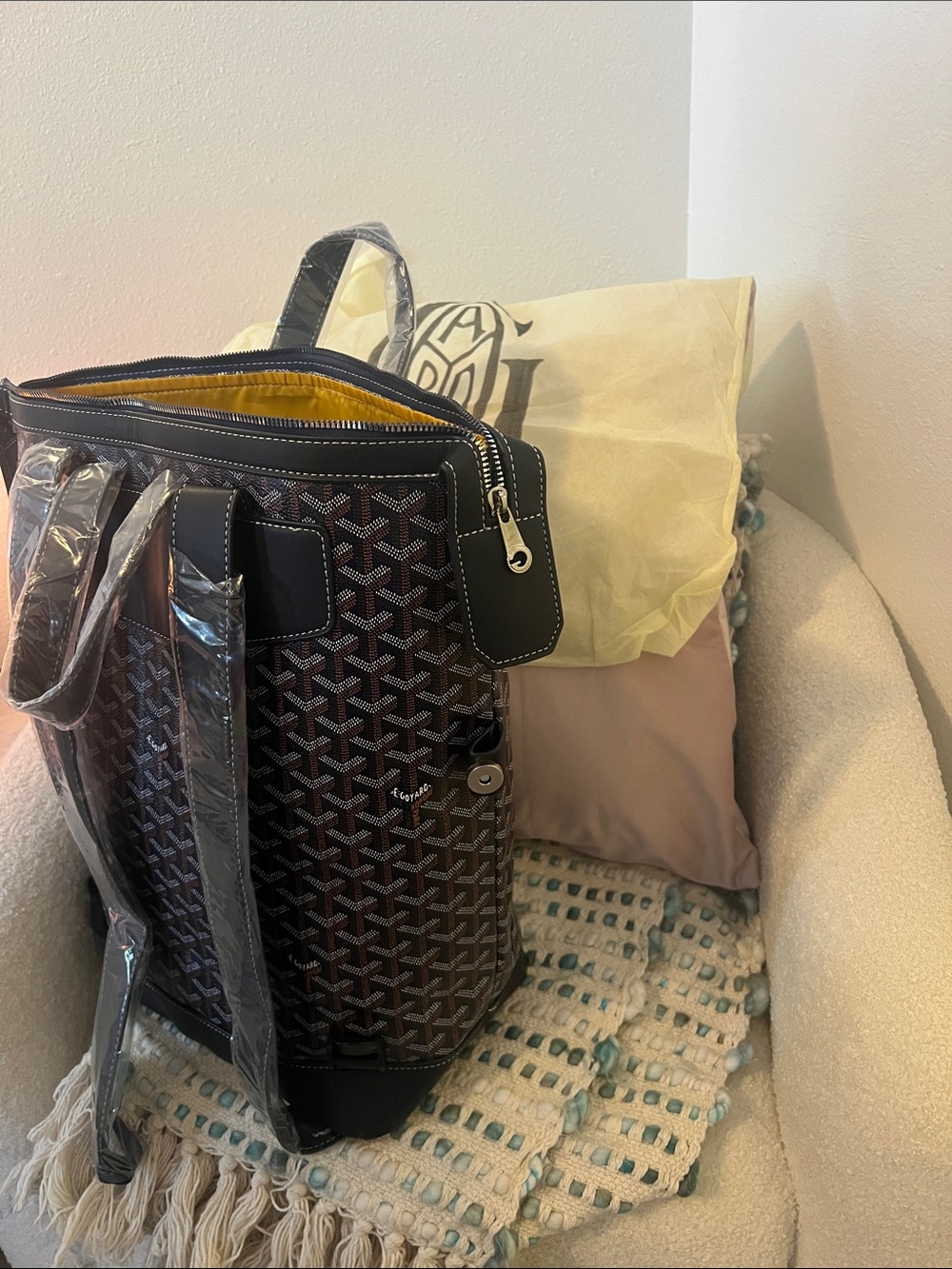 INSPIRED Brown chevron Patterned Backpack w/ dark Navy trim & Yellow lining. - Picture 5 of 8